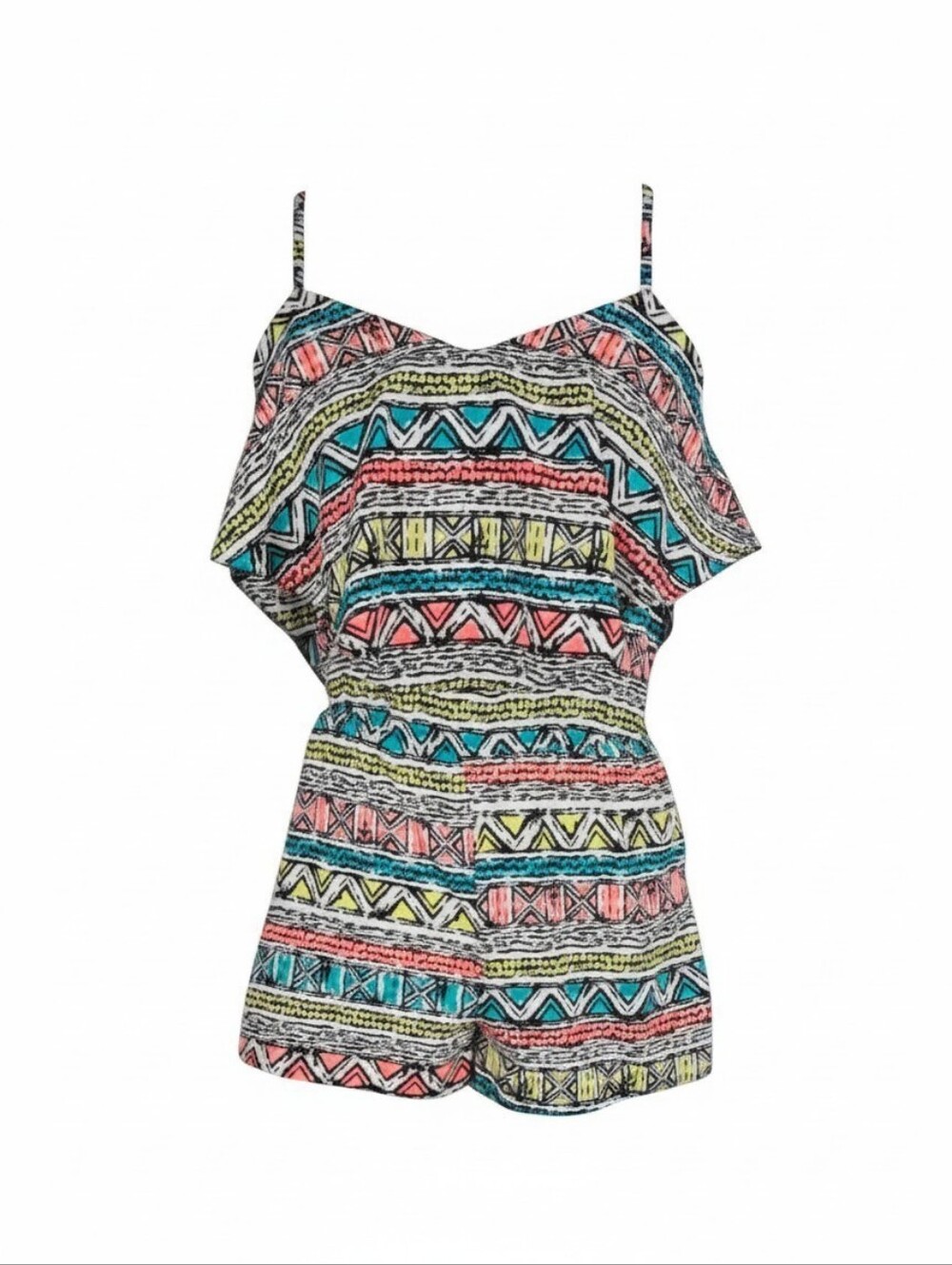 80s Print Romper Retro Colorful Shorts Cami Geometric Multi Teal Coral Print, XL
